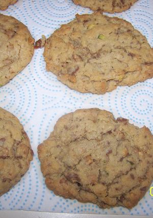A picture of Chocolate Heath Pistachio Cookies.