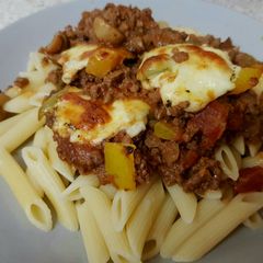 A picture of My Peppered Steak Mince,Mushroom all in one Skillet & Pasta 😁.