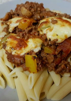 A picture of My Peppered Steak Mince,Mushroom all in one Skillet & Pasta 😁.