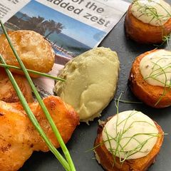 A picture of Cornish Monkfish Goujons with Sweet Potato Fondant and Pea Purée.