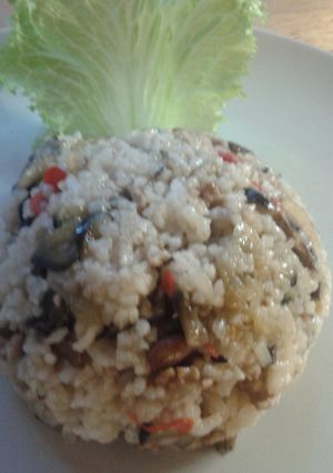 A picture of eggplants fry rice.