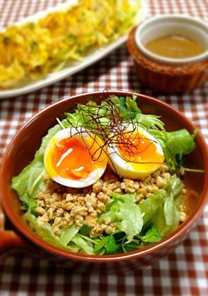 A picture of Tofu Soboro and Salad Rice Bowl.