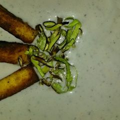 A picture of Sig's Aubergine (Eggplant) and crispy Leek Soup.