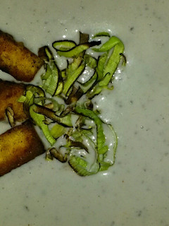 A picture of Sig's Aubergine (Eggplant) and crispy Leek Soup.