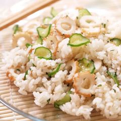 A picture of Chikuwa and Cucumber Chirashi Sushi with Sunomono Vinegar Dressing.