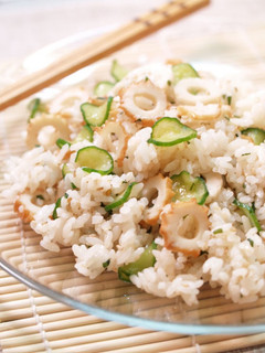 A picture of Chikuwa and Cucumber Chirashi Sushi with Sunomono Vinegar Dressing.