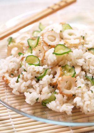A picture of Chikuwa and Cucumber Chirashi Sushi with Sunomono Vinegar Dressing.