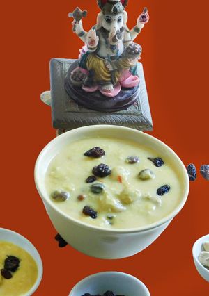 A picture of Pall payasam with almond milk, rice dumplings, (Paal kozhukattai in Tamil).