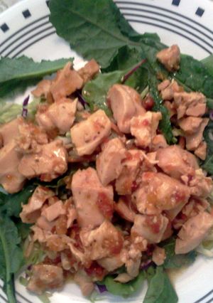 A picture of Roasted chicken in marinated sundried tomatoes atop kale salad.