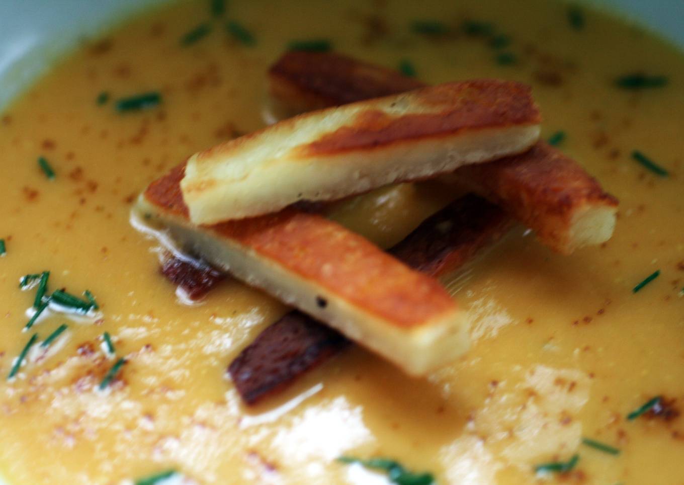 Sig's Onion and Sweet Potato Soup with Halloumi Chips