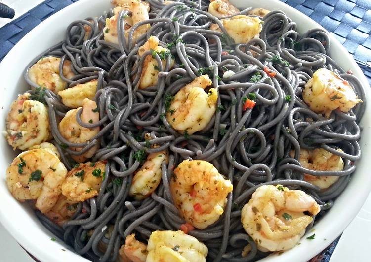 Simple, Black pasta with shrimp