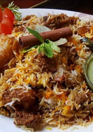 A picture of Spicy Mutton Biryani.