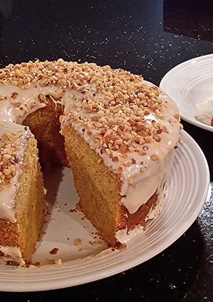 A picture of Carrot Chiffon Cake with Cinnamon Cream Cheese Glaze.