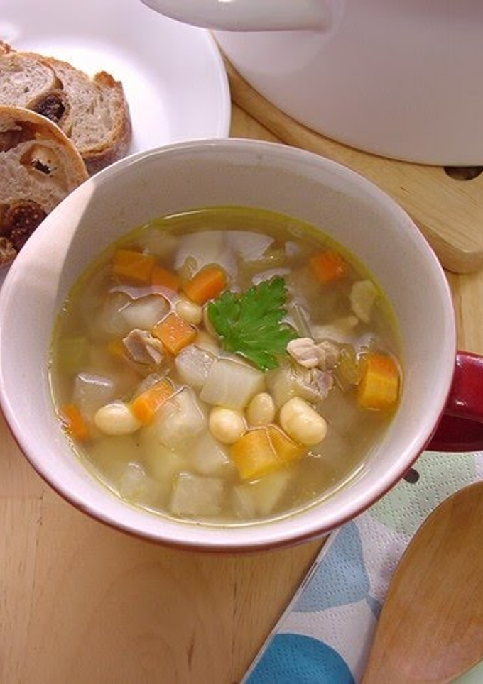 A picture of Chicken Curry Soup with Soy Beans and Chicken.