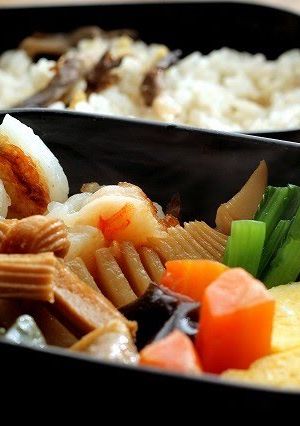 A picture of Jibuni Bento - A Kanazawa Specialty Packed in a Bento.