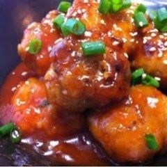 A picture of Okara Meatballs with a Thick Ketchup Sauce.