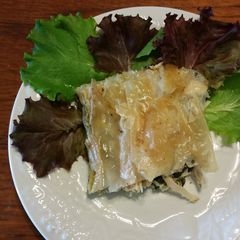 A picture of Phyllo pie with chicken, spinach, feta cheese.