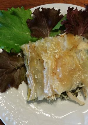 A picture of Phyllo pie with chicken, spinach, feta cheese.