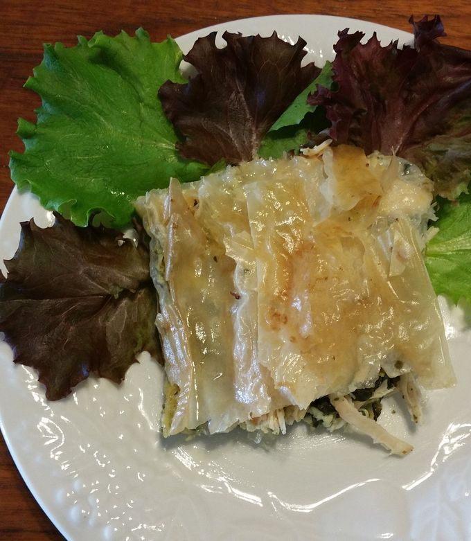 A picture of Phyllo pie with chicken, spinach, feta cheese.
