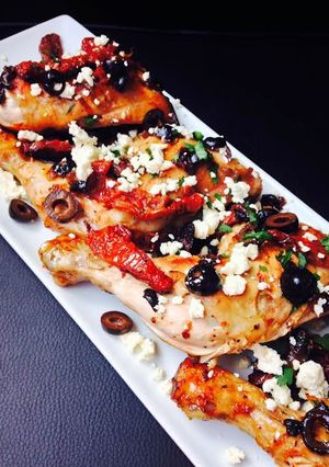 A picture of Pan-seared Chicken with sun-dried tomatoes and Olives.