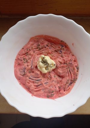 A picture of Happy International Womens Day Vegan Beet n Mayo Salad.