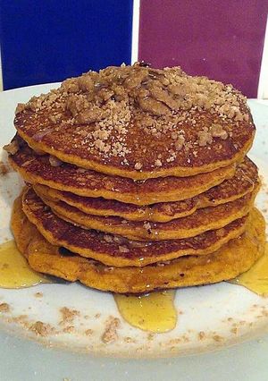 A picture of Vickys Pumpkin Pancakes & Cinnamon Crumble Topping, GF DF EF SF.