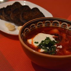 A picture of Ukrainian Red Borshch (beetroot soup).