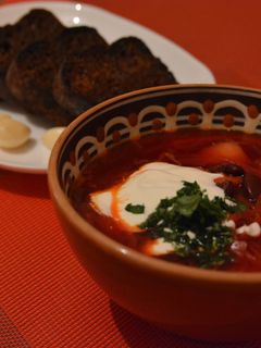 A picture of Ukrainian Red Borshch (beetroot soup).