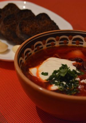 A picture of Ukrainian Red Borshch (beetroot soup).