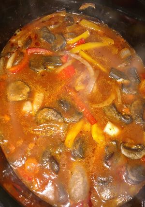 A picture of Italian sausage and peppers in the crock pot..