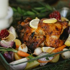 A picture of Honey Mustard Chicken with Caramelized Vegetables.