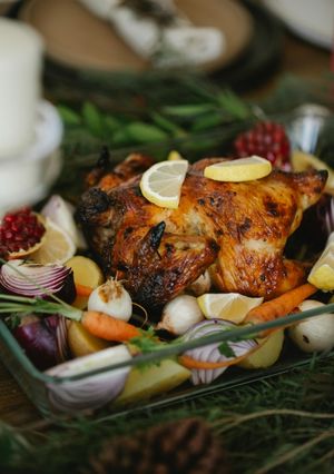 A picture of Honey Mustard Chicken with Caramelized Vegetables.