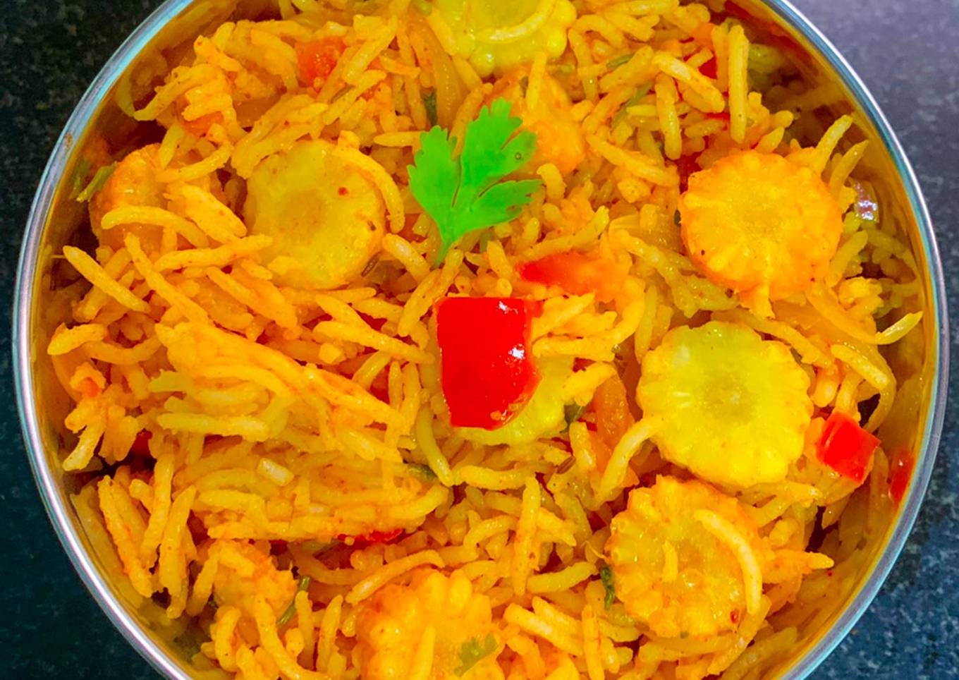 Baby Corn & Tomato Masala Bath Rice Spiced With Pav Bhaji Masala