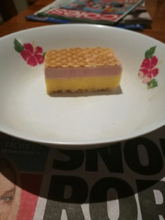 A picture of Vanilla, mango & raspberry ice cream slice.