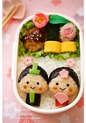 A picture of Character Bento with Little Hina Dolls for Doll Festival.