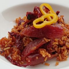 A picture of Chinese Sausage And Sun Dried Tomato Fried Rice.