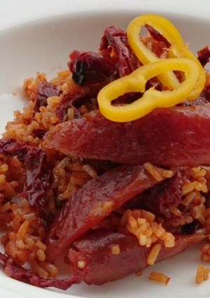 A picture of Chinese Sausage And Sun Dried Tomato Fried Rice.