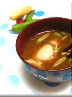 A picture of Miso Soup with a Round Microwaved Egg.
