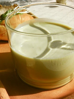 A picture of Creamy Soy Milk Soup with Spring Broccoli.
