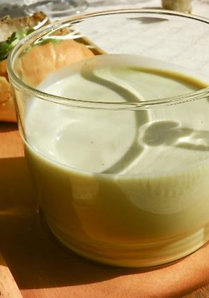 A picture of Creamy Soy Milk Soup with Spring Broccoli.