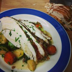 A picture of Turkey with Brussels sprouts.