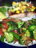 Pan Seared Halibut with Pineapple/Mango Salsa and Stir Fried Portobello and Vegetable Medley.
