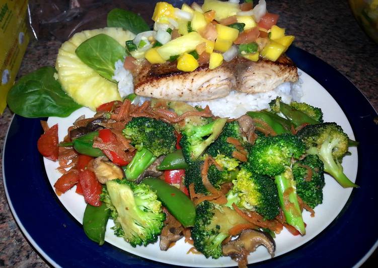 Simple Way to Prepare Any-night-of-the-week Pan Seared Halibut with Pineapple/Mango Salsa and Stir Fried Portobello and Vegetable Medley.