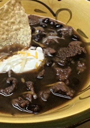 A picture of Steak and Black Bean Soup.
