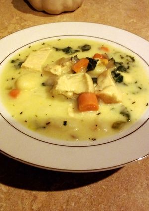 A picture of Creamy, dreamy gnoochi soup with chicken.