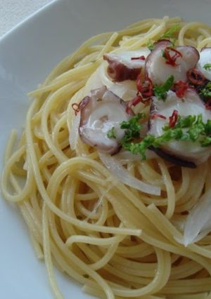 A picture of Pasta with Octopus and Anchovy Pasta Sauce.