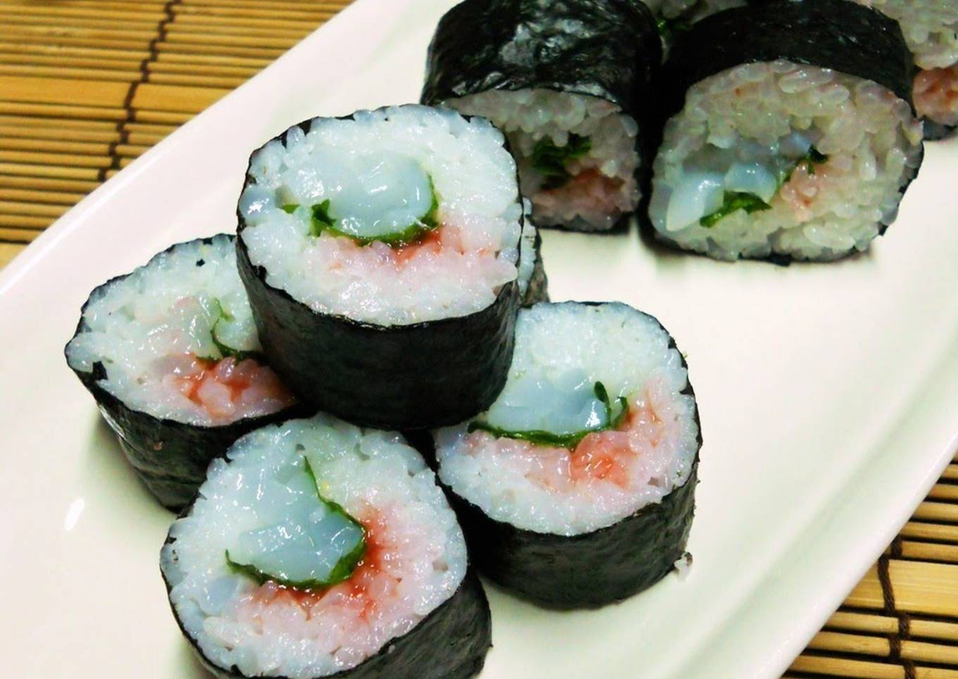 Rolled Sushi with Squid, Ume Plum and Shiso Leaves