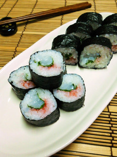 A picture of Rolled Sushi with Squid, Ume Plum and Shiso Leaves.
