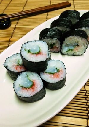 A picture of Rolled Sushi with Squid, Ume Plum and Shiso Leaves.