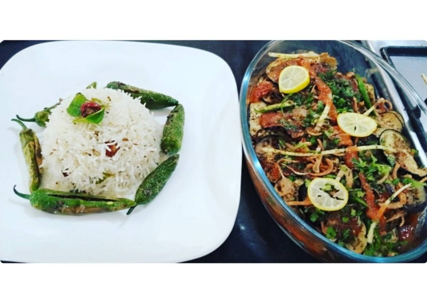 Crispy fry brinjal and filled green chillies with zeera rice ♥️